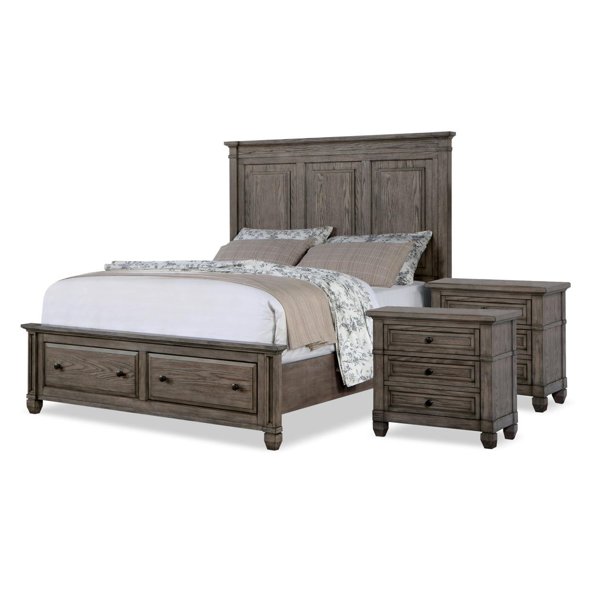 Furniture of America Xephyr Solid Wood 3-Piece Bedroom Set, Queen-Size Bed with Footboard Drawers, Felt-Lined Top Storage and USB Port on Nightstand, Box Spring Required, Warm Gray