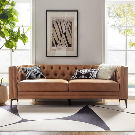 84" W Faux Leather Sofa Couch with Metal Legs, Button-Tufted 3-Seater Sofa