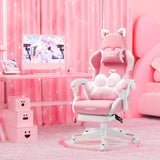 Pink Gaming Chair with Cat Paw Lumbar Cushion and Cat Ears