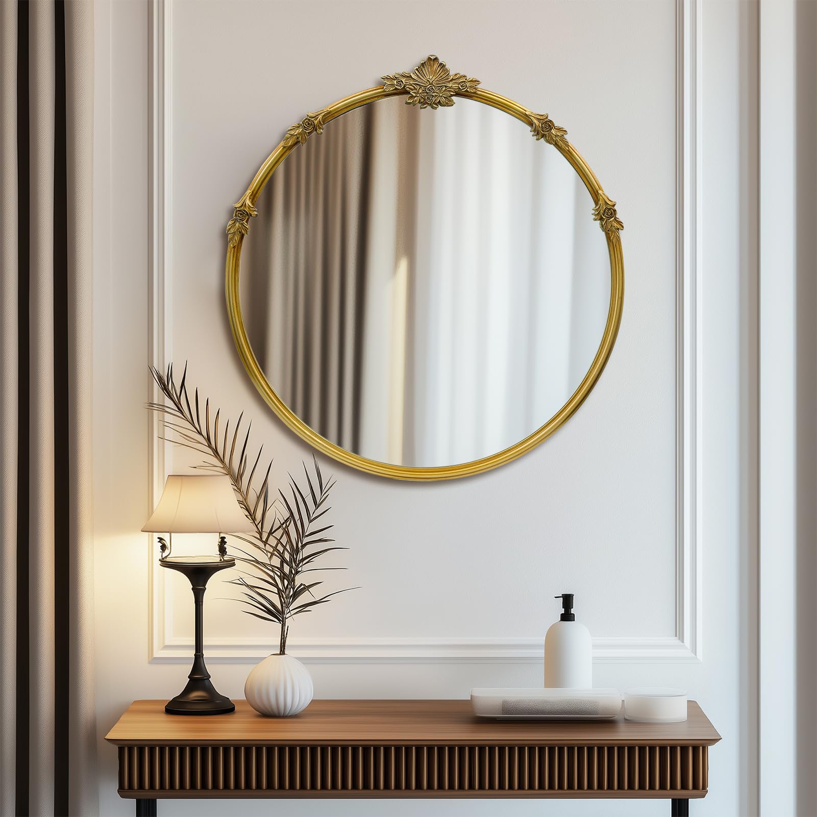 Gold Round Mirror - Baroque Style Ornate 24 Inch Mirror Suitable for Home Decoration