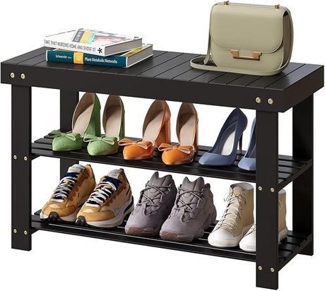 Bamboo Shoe Bench, 3-Tier Shoe Rack with 1.6" Thick Padding, Stable Shoe Organizer