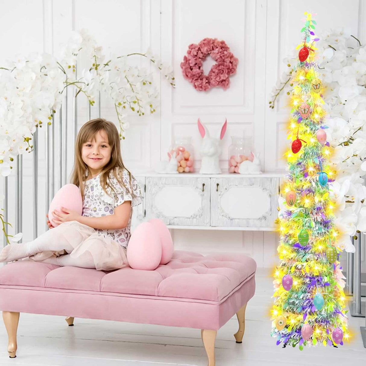 5FT Pop Up Christmas Tinsel Tree with Lights & Eggs,Artificial Easter Tree,Pop-Up Collapsible Pencil Easter Trees,Pre-lit Pencil Christmas Tree Xmas Tree for Indoor Outdoor Christmas Decorations