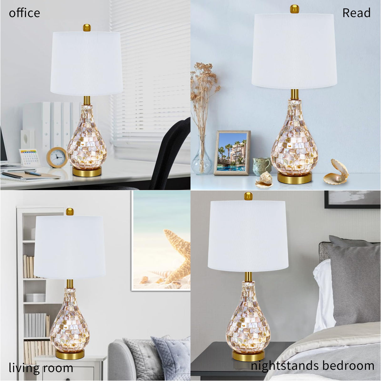 Modern Coastal Table Lamps Set of 2, Natural Mother of Pearl Tiles 23.5" Bedside Lamp,