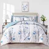 Bed in a Bag Twin Comforter Set with Sheets, Blue Flower Branch on White Botanical