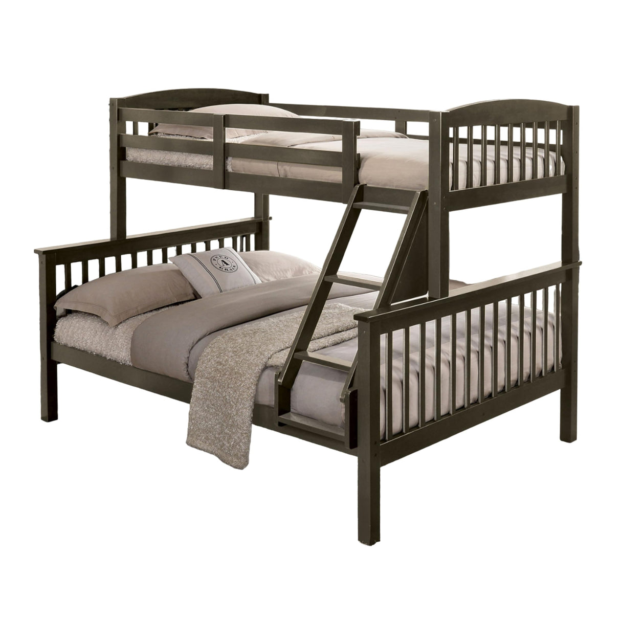 Benjara Bruke Twin/Full Size Bunk Bed with Ladder, Slatted Solid Hardwood, Taupe Gray