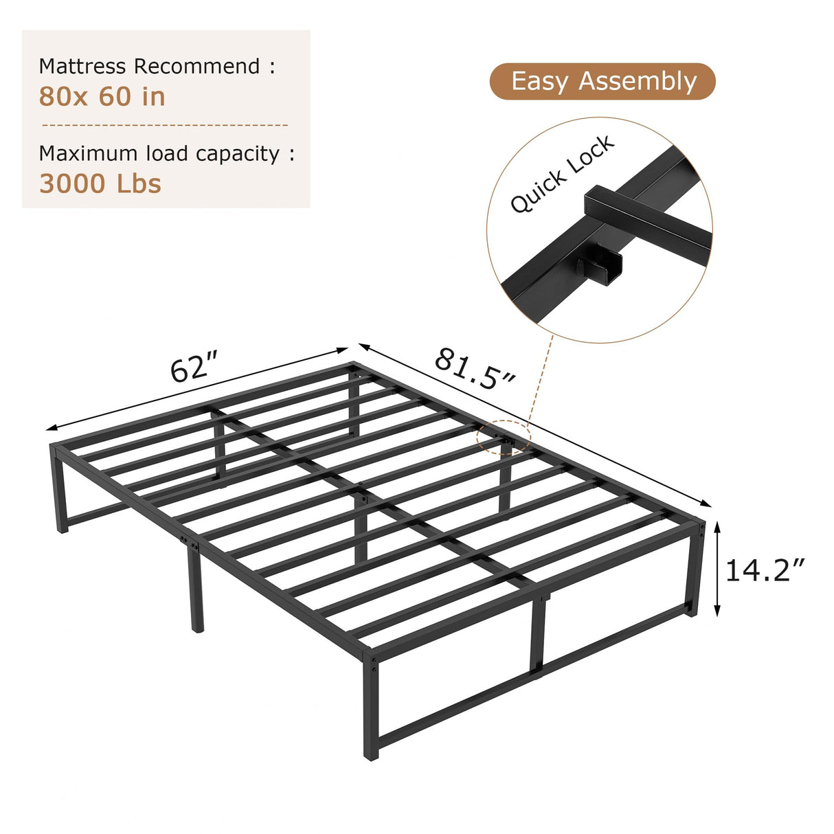 VECELO Queen Metal Platform Bed Frame,Heavy Duty Sturdy Steel Slats Support/Matress Foudation/No Box Spring Needed,Reinforced