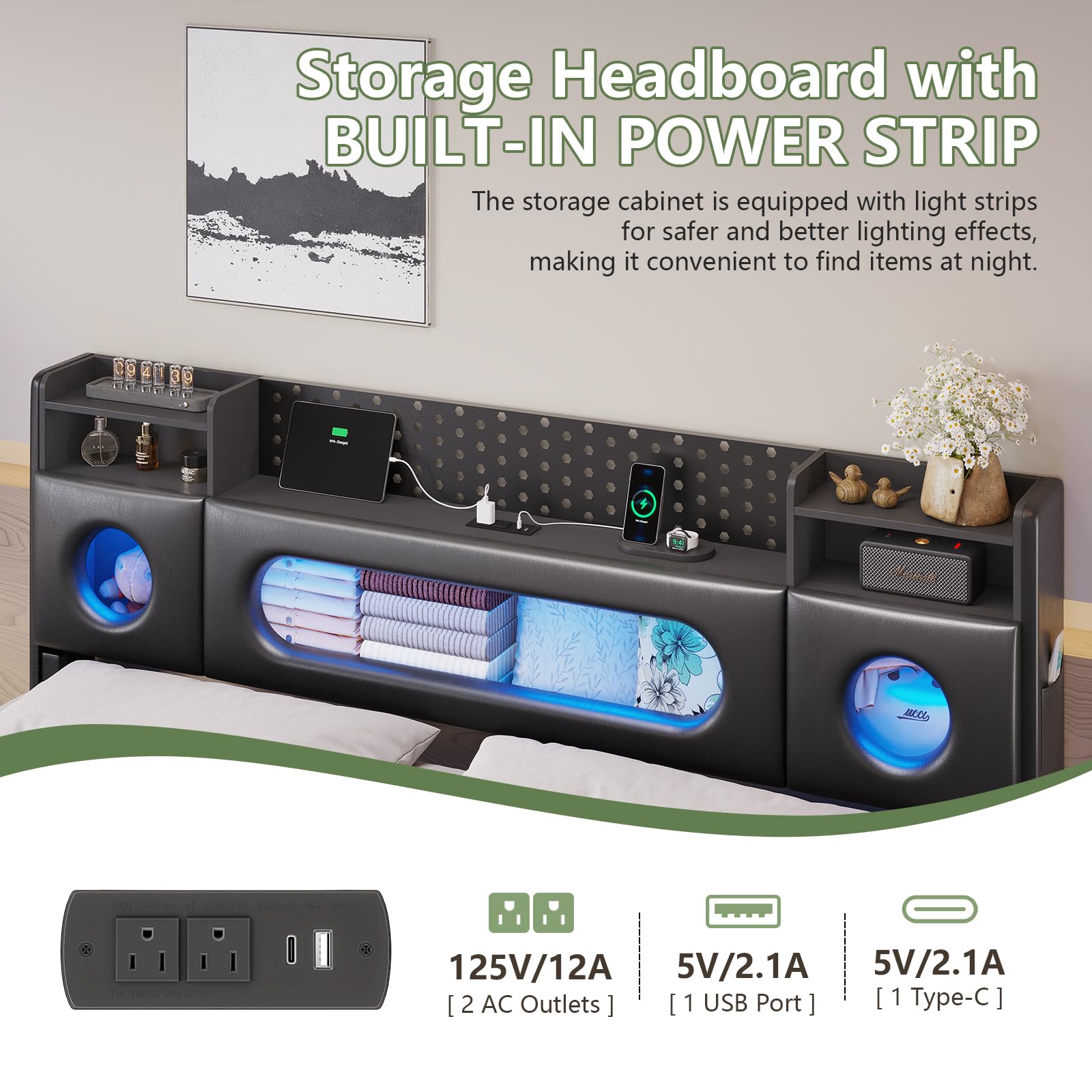 Floating Queen Bed Frame with LED Lights & Charging Station