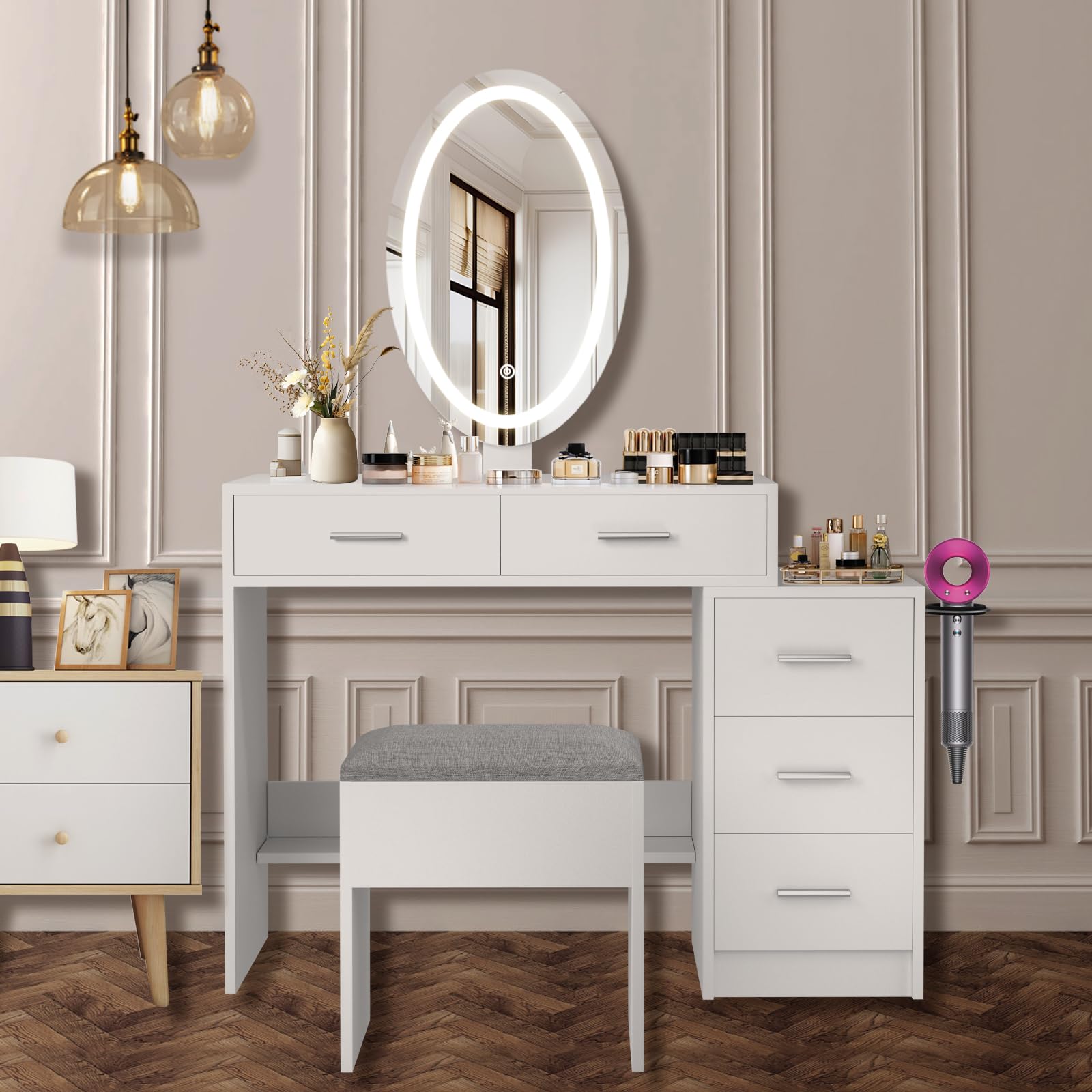 Oval Makeup Vanity Desk with Mirror and Lights, Vanity Mirror with Lights Desk and Chair