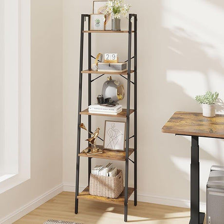 Ladder Shelf, Bookshelf Bookcase, Freestanding Corner Storage Shelve with 2 Hooks for