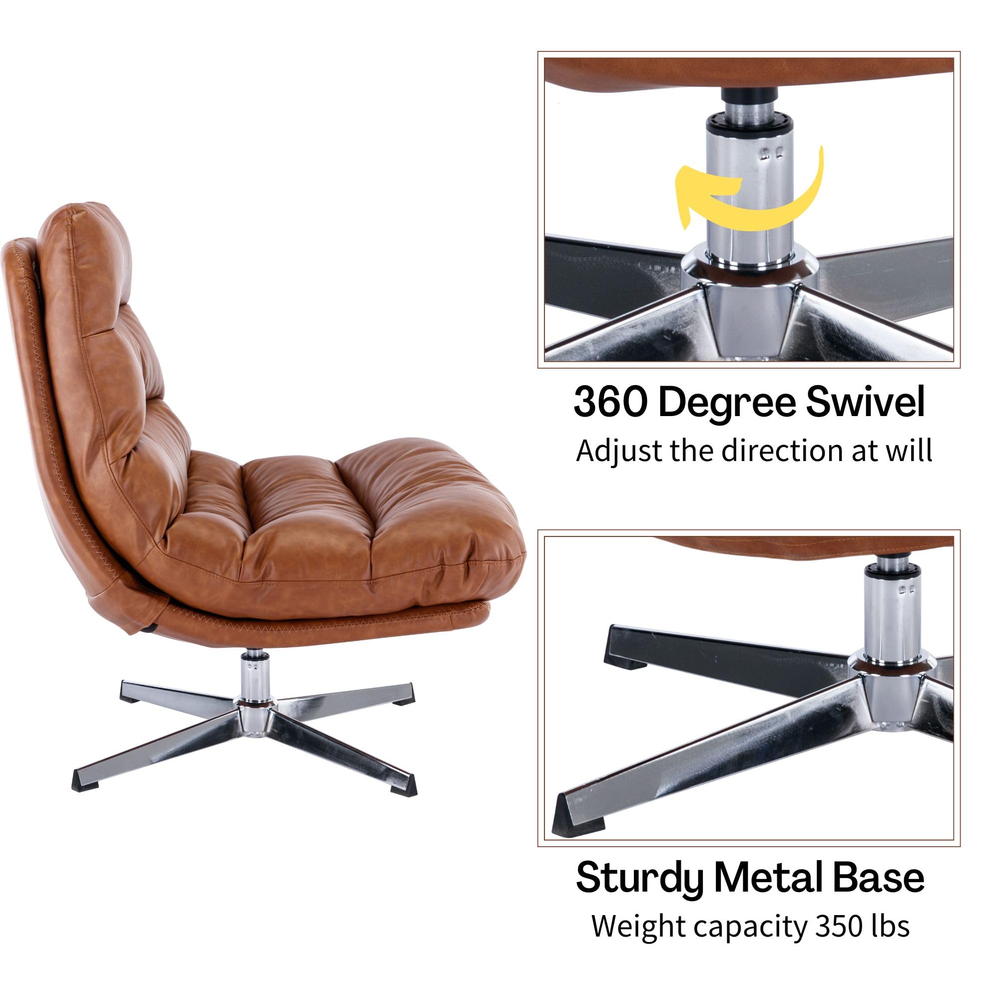 Swivel Accent Chair with Ottoman, Mid Century Modern Faux Leather Lounge Chair