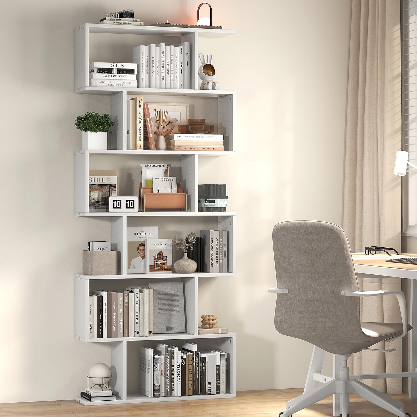 6-Tier Geometric Bookshelf, S-Shaped Book Shelf, Freestanding Room Divider Bookcase, 75-inch Vertical Staggered Bookshelf, Modern Decorative Display Shelf for Home Office (1, White)