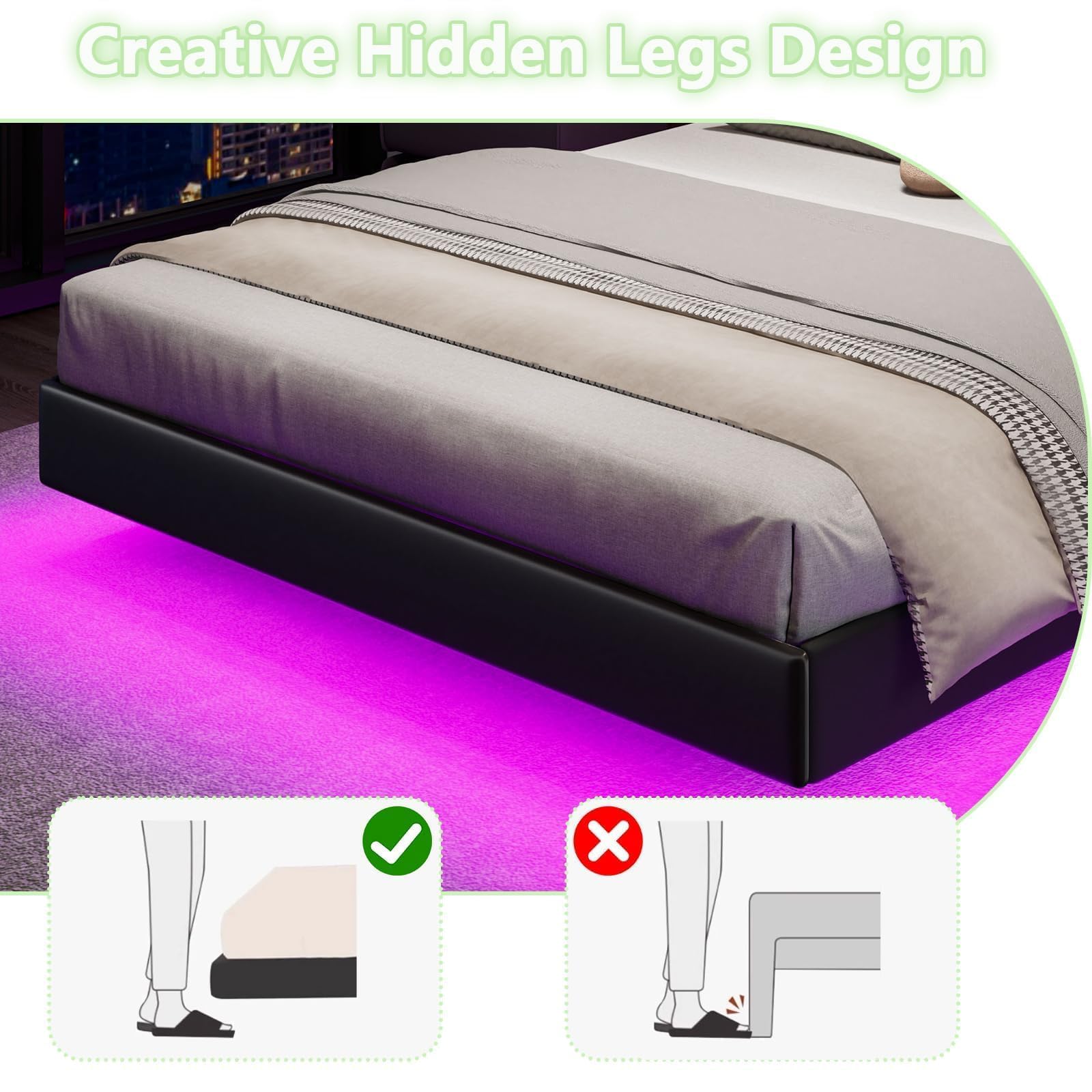 Queen Floating Bed Frame with RGB LED Lights