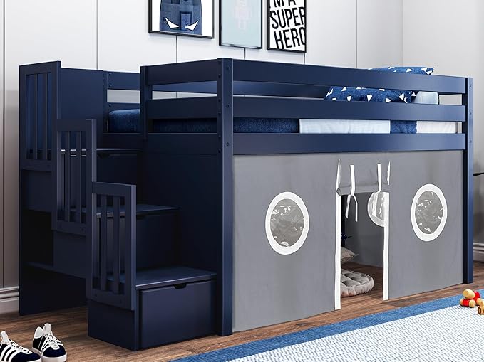 Contemporary Low Loft Twin Bed with a 3 Drawer Stairway, Gray with Gray & White Tent