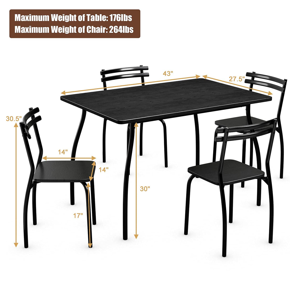 5Pcs Dining Table Set for 4, Modern Metal and Wood Indoor Rectangular Dining