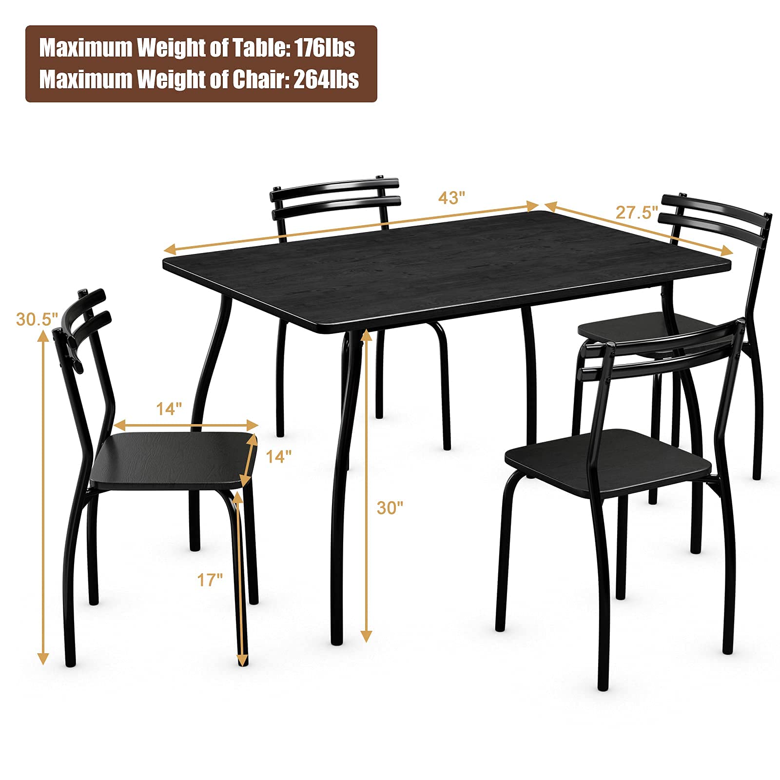 5Pcs Dining Table Set for 4, Modern Metal and Wood Indoor Rectangular Dining