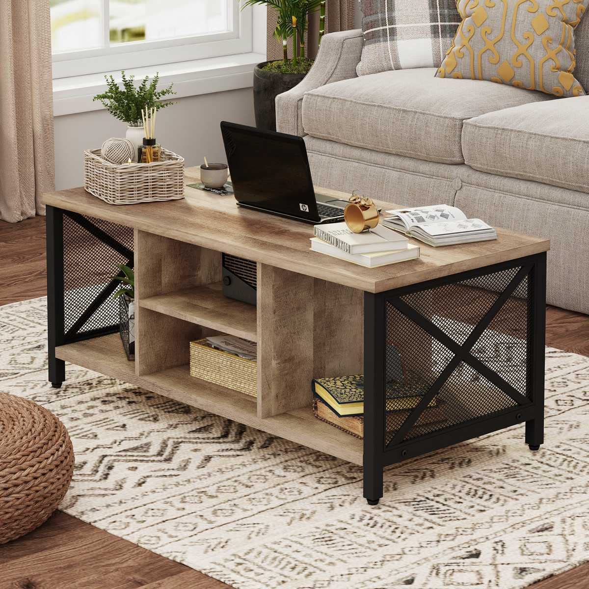 Coffee Table for Living Room, Rustic Wood Center Table with Shelves