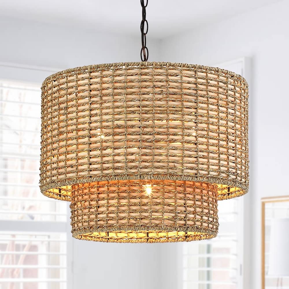 20 in. 4-Light Rattan Tiered Drum Chandelier Light with Black Canopy W Beige Bohemian