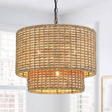 20 in. 4-Light Rattan Tiered Drum Chandelier Light with Black Canopy W Beige Bohemian