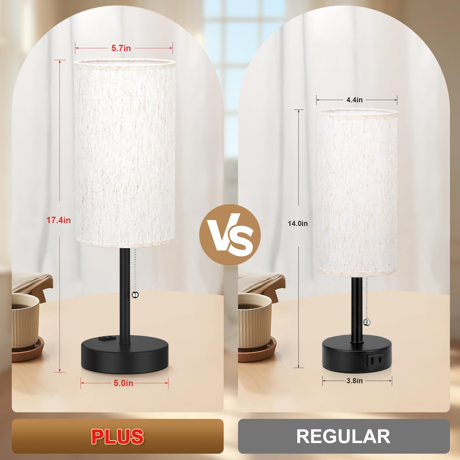 Plus Bedside Table Lamps Set of 2 - 3 Color Temperatures Pull Chain Lamp with AC Outlet