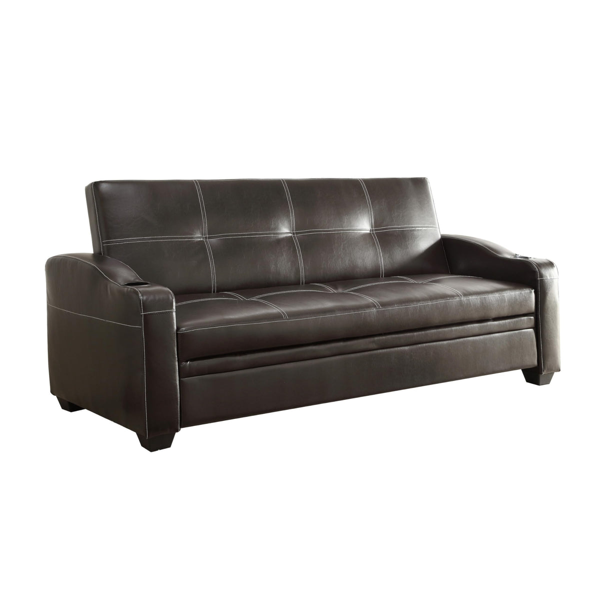 83 Inch Lounger Sofa Bed, Tufted Faux Leather, Solid Wood, Brown and Black