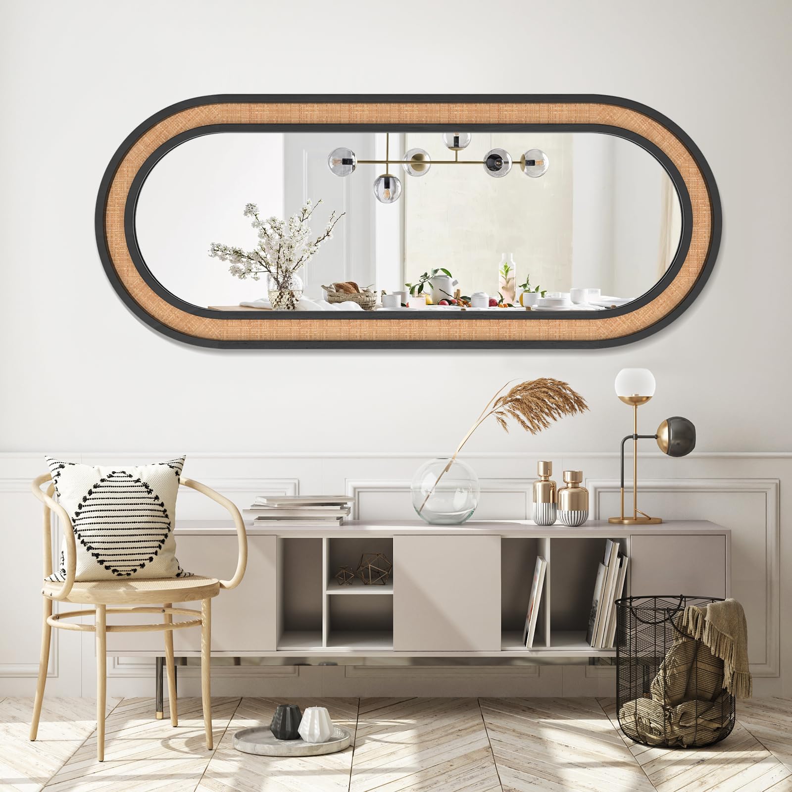 Rattan Full Length Mirror 60x24 - Black Oval Floor Mirror