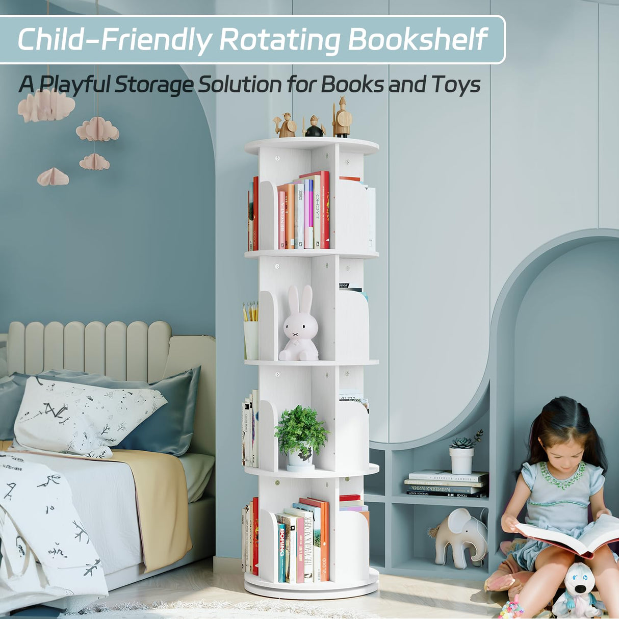 EasyCom Rotating Bookshelf, Spinning Bookshelf Tower for Kids, 4 Tier Rotating Bookshelf Kids, 360 Rotating Bookshelf with Storage, Wooden Revolving Bookcase for Kids Room, White