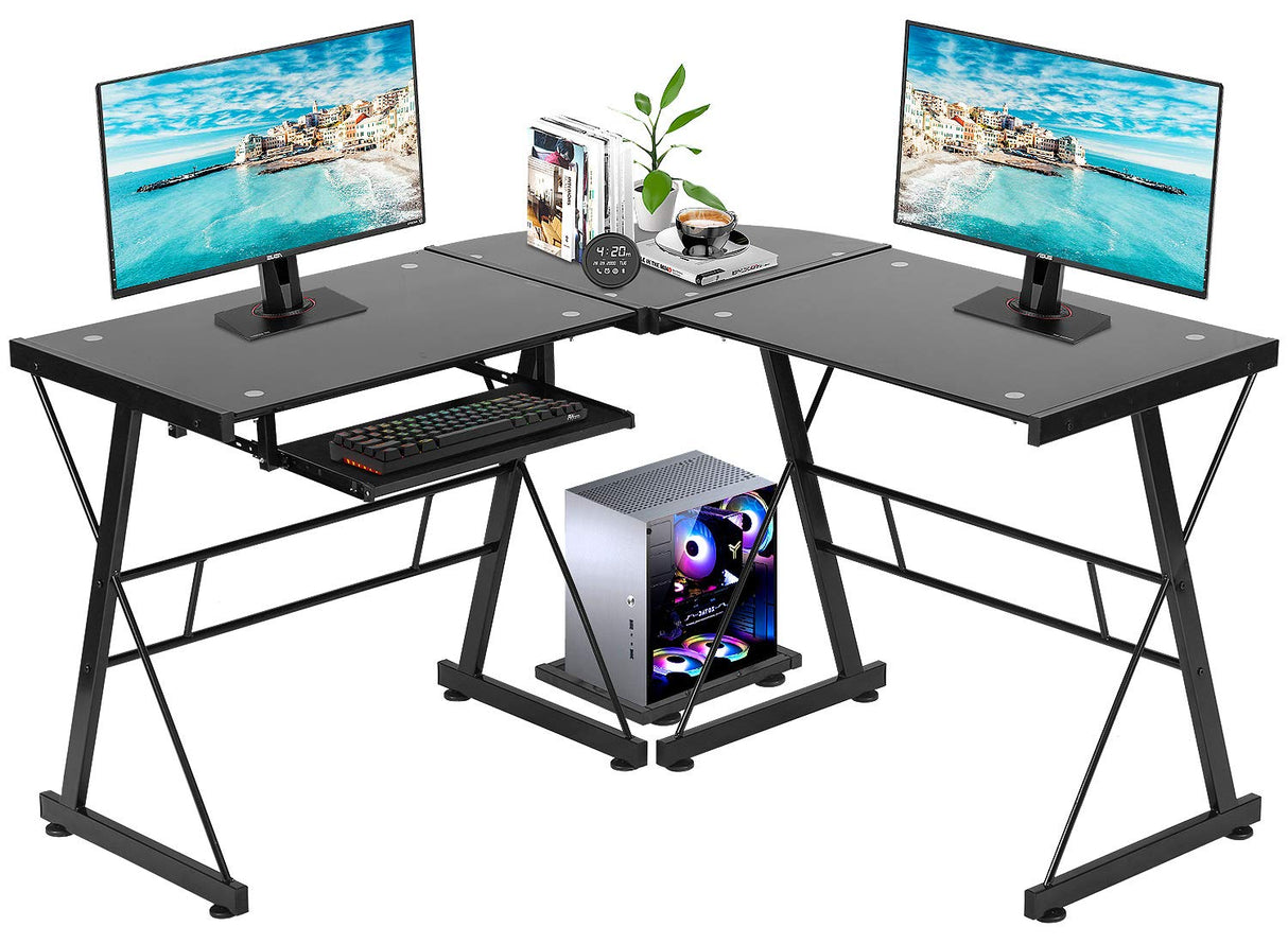 Computer Desk Gaming Desk L Shaped Corner Desk Home Office Writing Workstation Toughened Glass Study Keyboard CPU Stand PC Modern Table for Small Spaces,Black