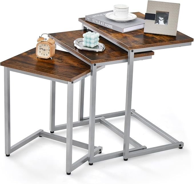 Nesting Table Set of 3, Rectangle Stacking Side End Table w/Wood Top & Metal Legs