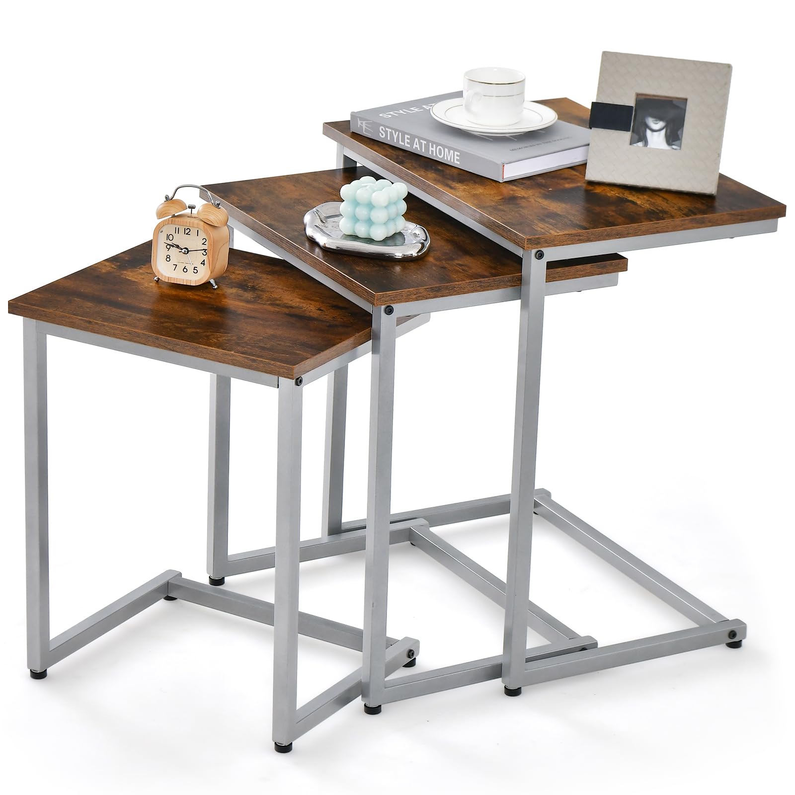Nesting Table Set of 3, Rectangle Stacking Side End Table w/Wood Top & Metal Legs,