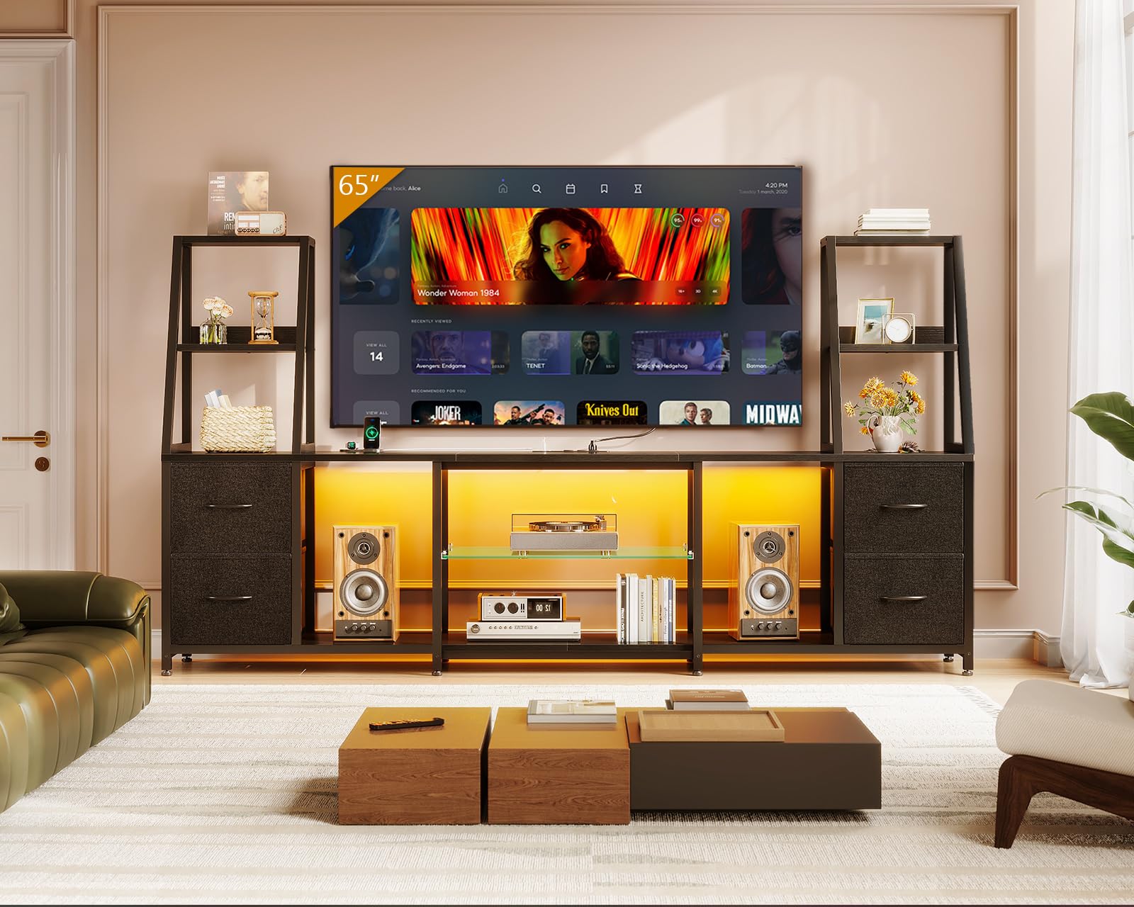 TV Stand for 40-60 Inch TVs with LED Lights & Power Outlets