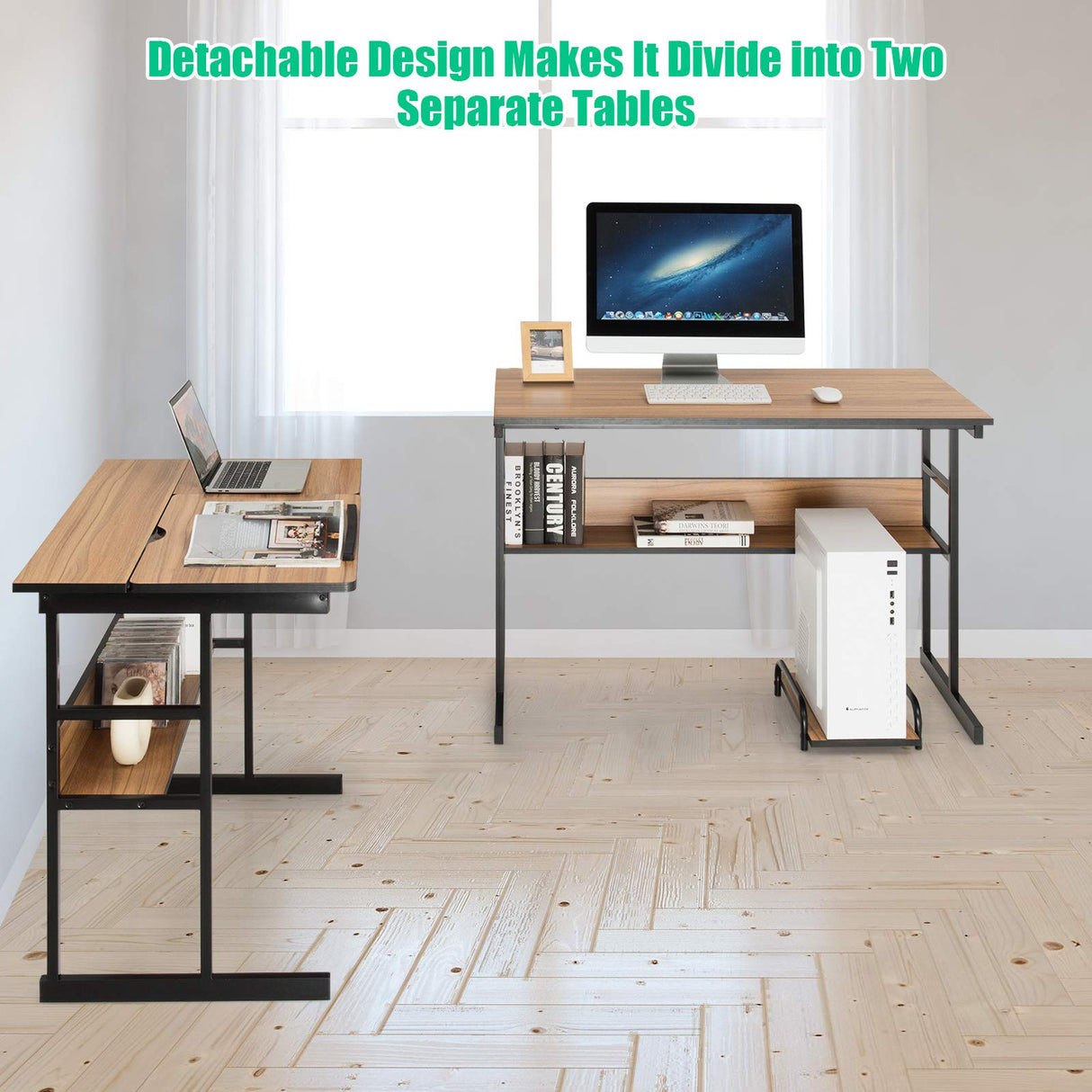 L-Shaped Drafting Desk, Corner Computer Desk with Bottom Bookshelves & CPU Stand