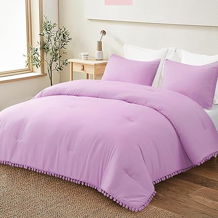 Boho Pom Pom Ball Fringe Twin Comforter Set, 2 Piece Hot Pink Lightweight