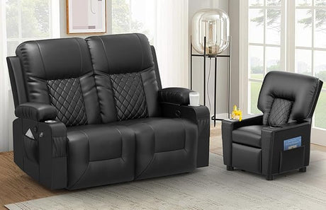 Loveseat Recliner Sofa, 2 Seater Reclining Loveseat Sofa, PU Leather Recliner Loveseat Couch, Modern Recliner Chair for Living Room, with Cup Holder and 2 Cell Phone Holder, USB Ports, Black