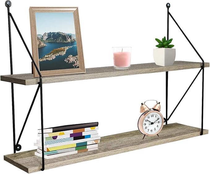Floating Shelf with Metal Brackets — Wall Mounted Rustic Wood Wall Storage