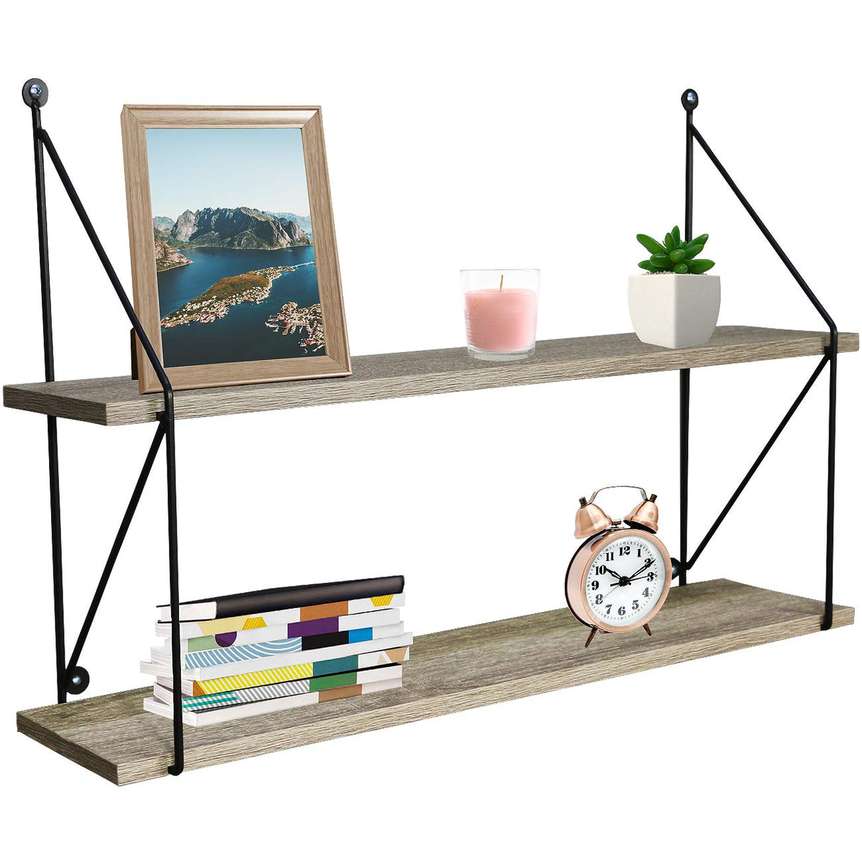 Floating Shelf with Metal Brackets — Wall Mounted Rustic Wood Wall Storage
