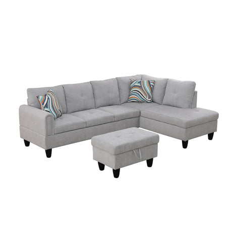 Luxurious Flannel 3-Piece Sectional Sofa Set, L-Shaped Modular Couch with Storage Ottoman for Living Room, Home, Office, Apartment, Right Chaise, Gray