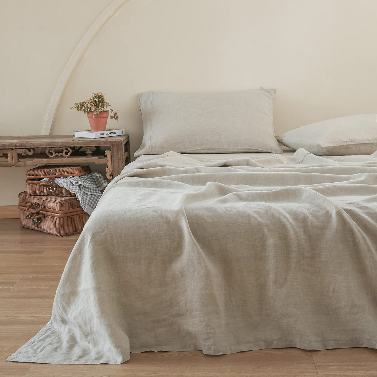 French Linen Flat Sheet with Embroidered Border-100% Stone Washed Flax Bedding,