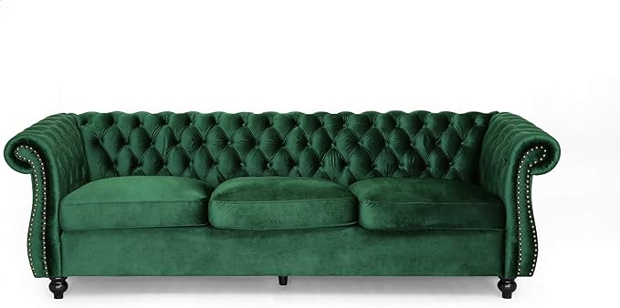 Tufted Jewel Toned Velvet Sofa with Scroll Arms, BlackBerry