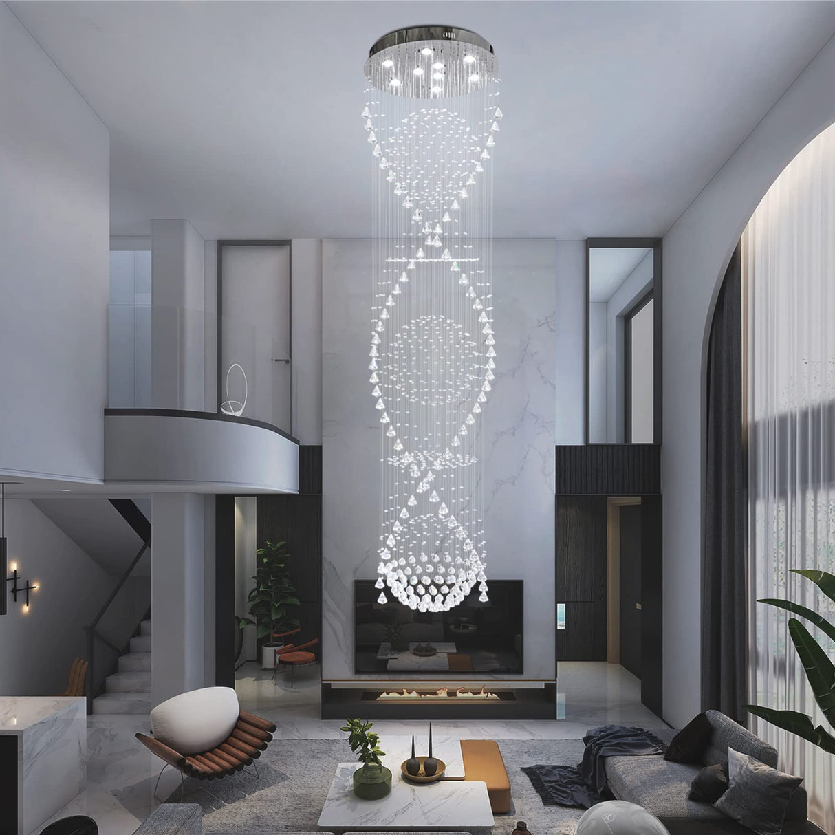 Crystal Chandelier Modern Spectacular Spiral Raindrop Luxury Flush Mount Long Chandelier