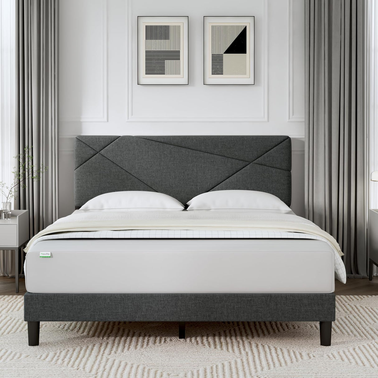 Queen Bed Frame with Headboard, Linen Upholstered Bed Frame Queen Size,