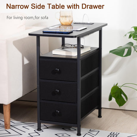 Narrow Side Table with Charging Station, Slim End Table with USB Ports and Outlets