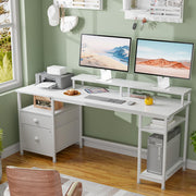 61" Computer Desk with Fabric File Cabinet & Drawer, Reversible White Desk