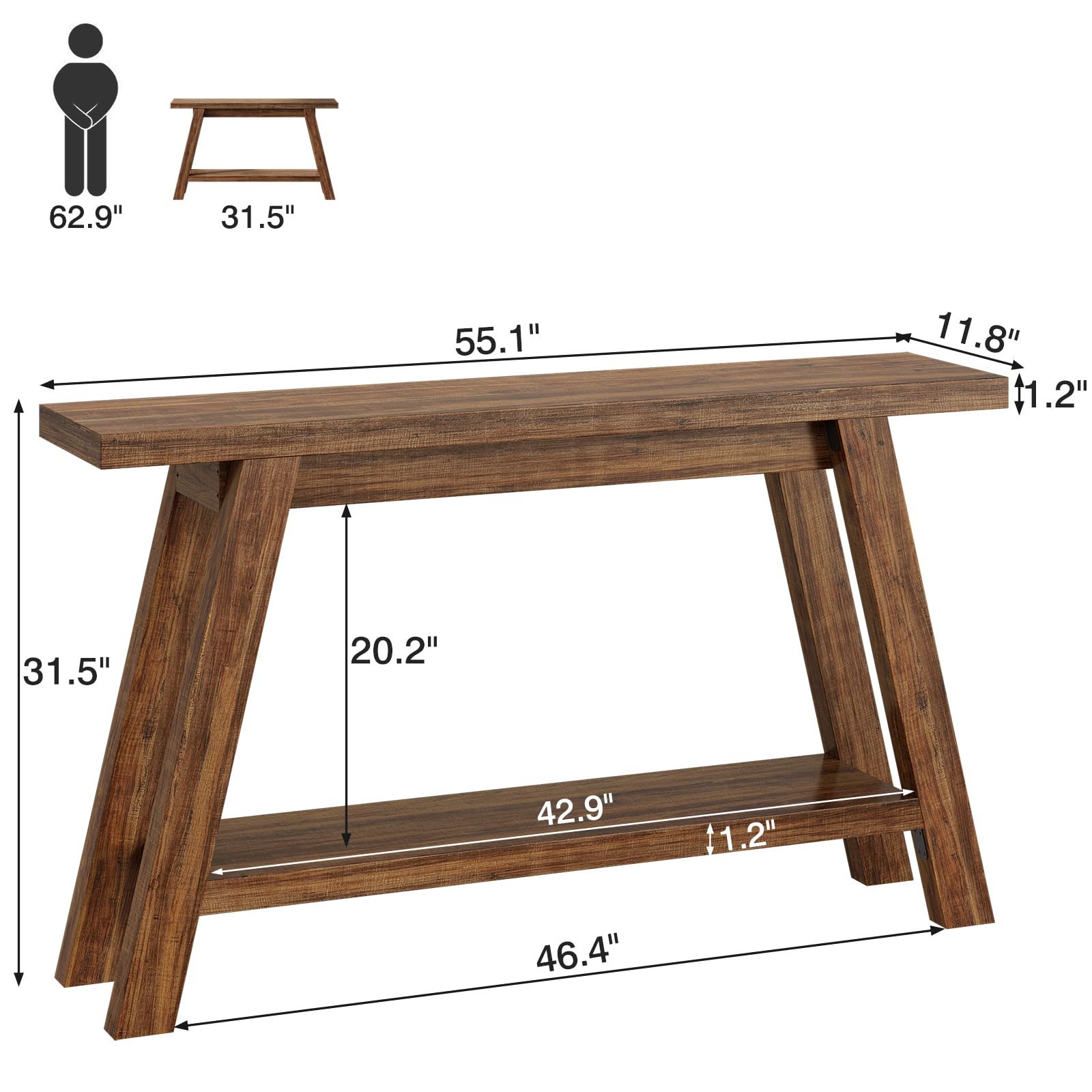 55-Inch Console Table with Storage - 2-Tier Narrow Wood Entryway Table