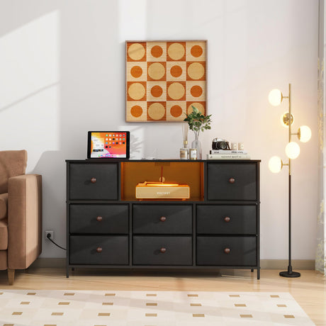 Black Dresser with Power Outlets and LED Lights, Dresser TV Stand