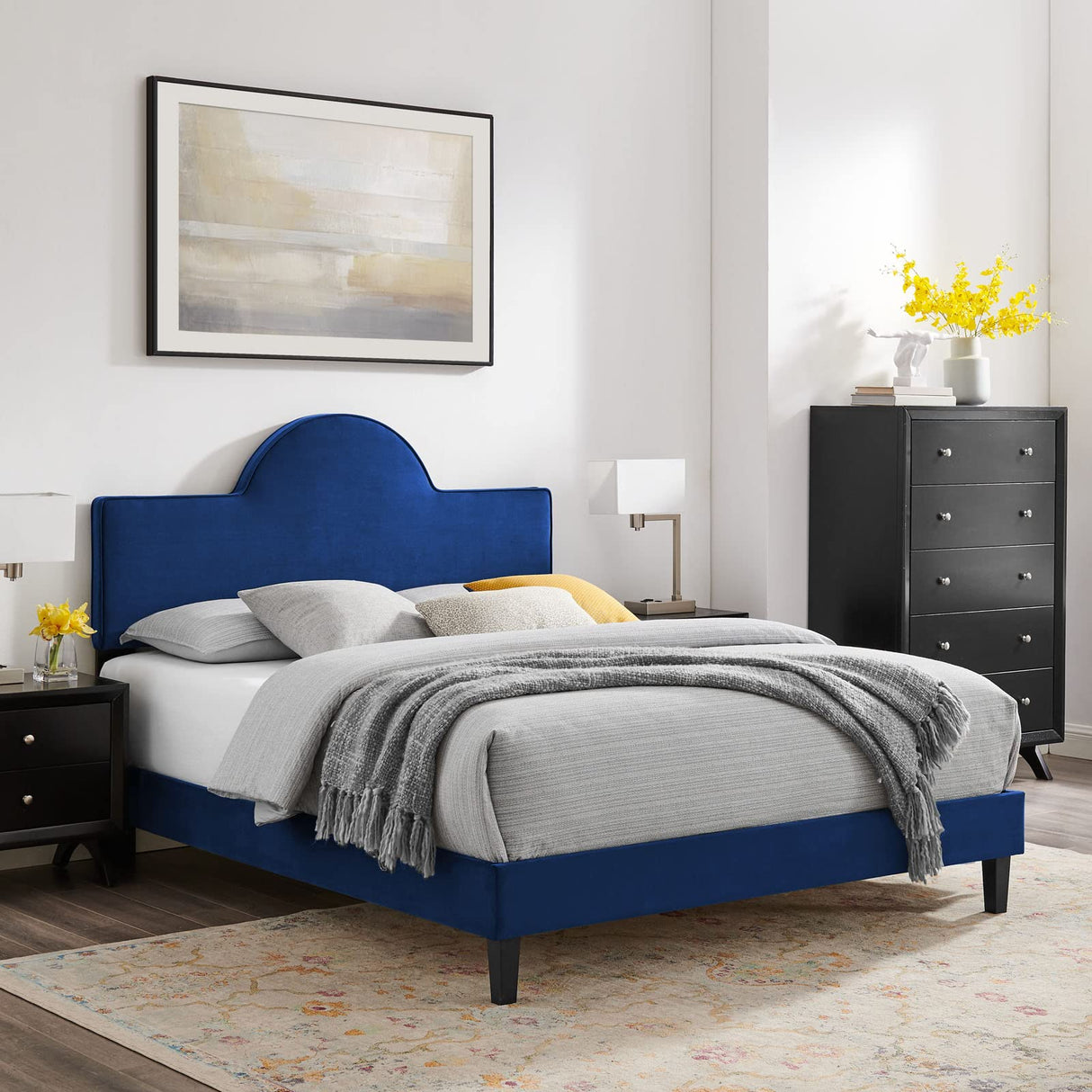 Performance Velvet King Bed in Navy Platform