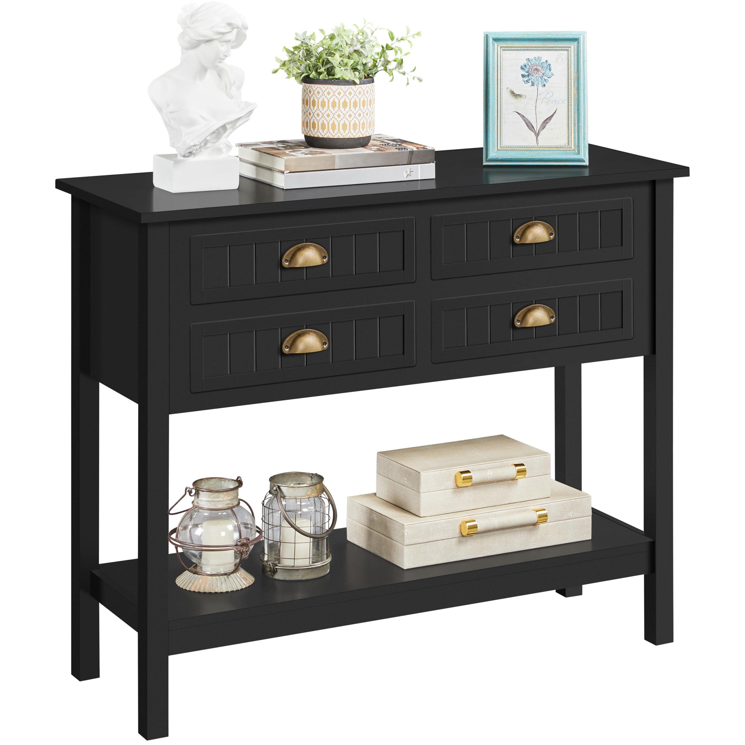 Console Table with 4 Drawers, Sofa Side Table with Bottom Open Storage Shelf,