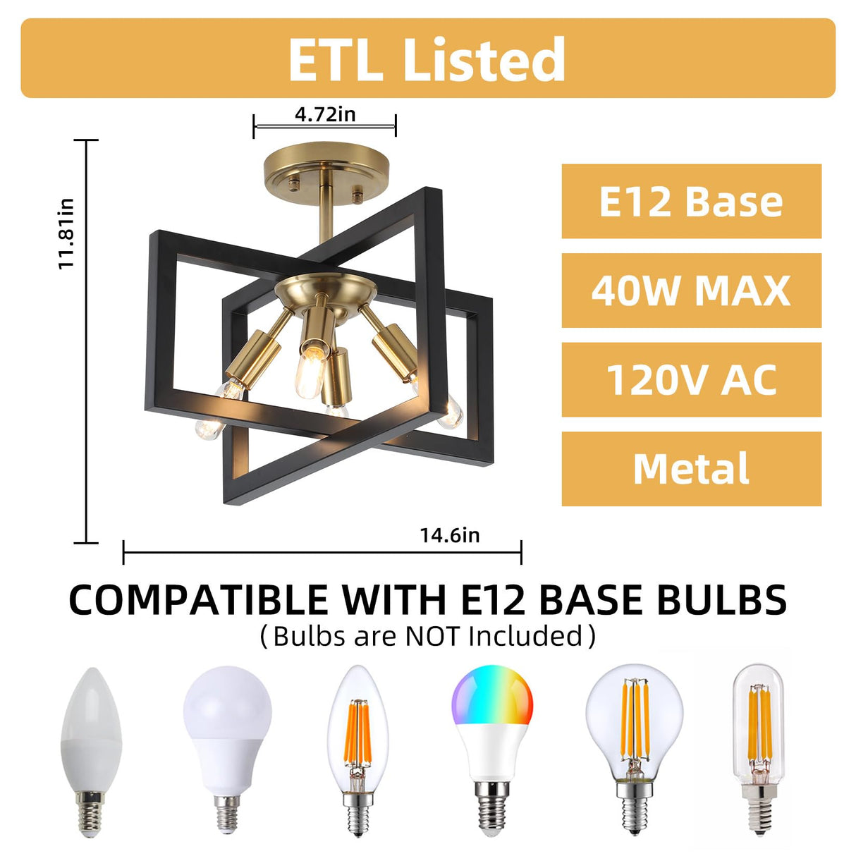 Semi-Flush Mount Ceiling Light - Black and Gold Industrial 4-Light Fixture