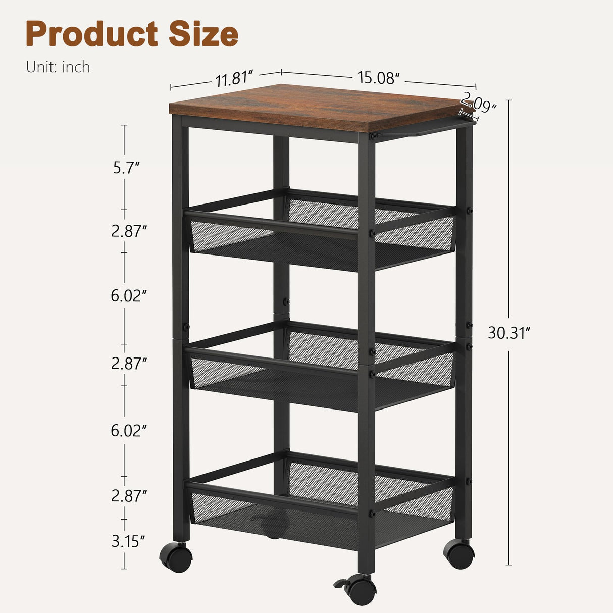 Hoctieon Rolling Storage Cart, 4-Tier Wide Panel Rolling Kitchen Storage Cart, Storage Cart with Handle Wheels, Mobile Shelving Unit, Metal Frame Narrow Cart for Home Kitchen Dining Room Living Room