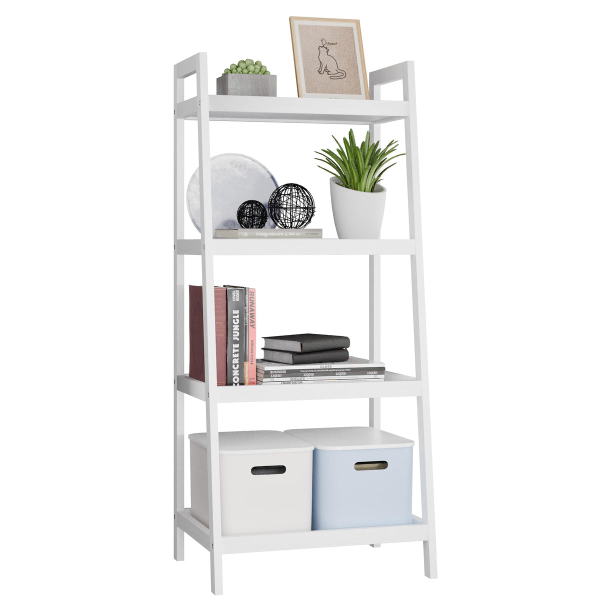 Ladder Shelf, 4 Tier Bamboo Bookshelf, Bathroom Storage Organizer Plant Display Stand, Freestanding Open Shelving Unit with Handles for Home Office (White)