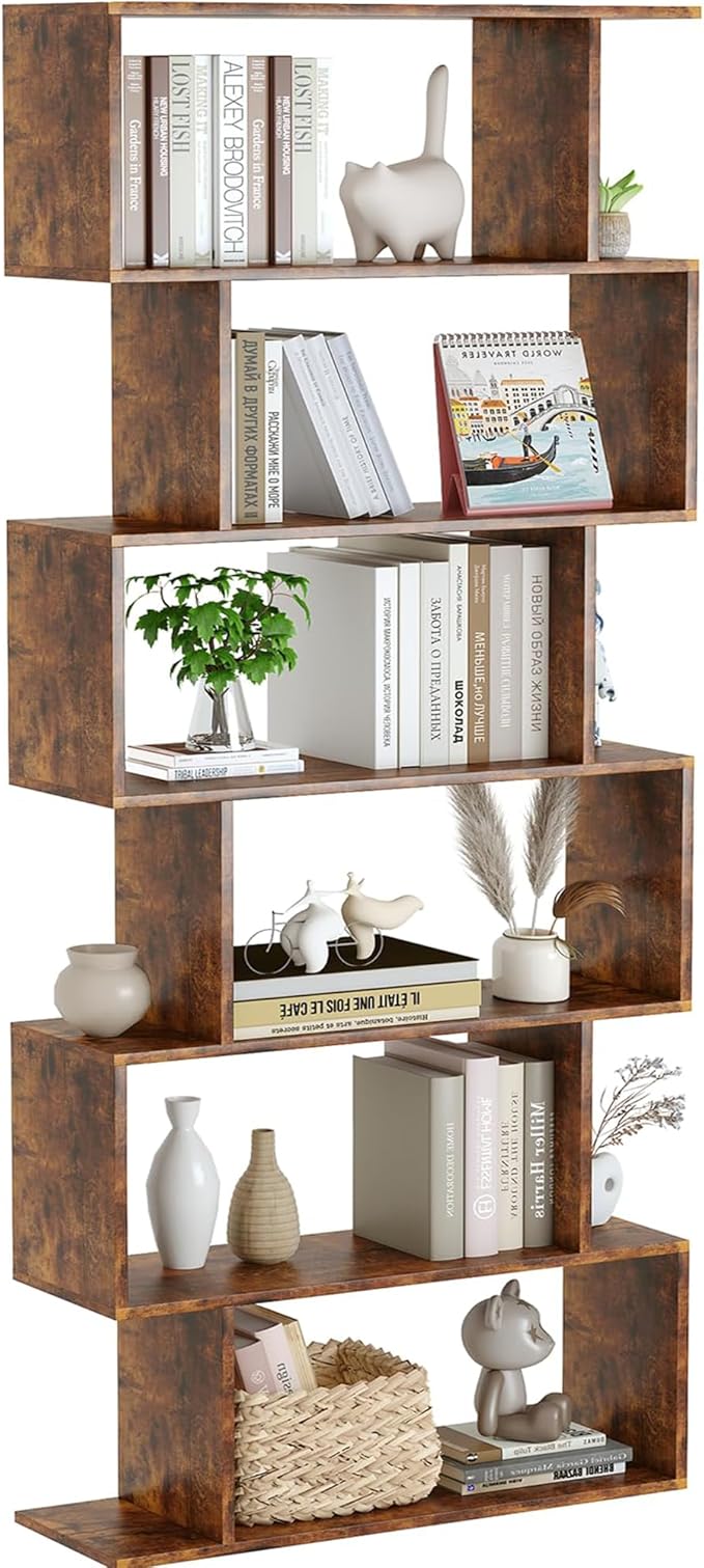 5-Tier, Geometric Bookcase S Shaped Book Shelves for Bedroom, Modern Wood Decorative Display Shelf Book Case for Home Office, Black